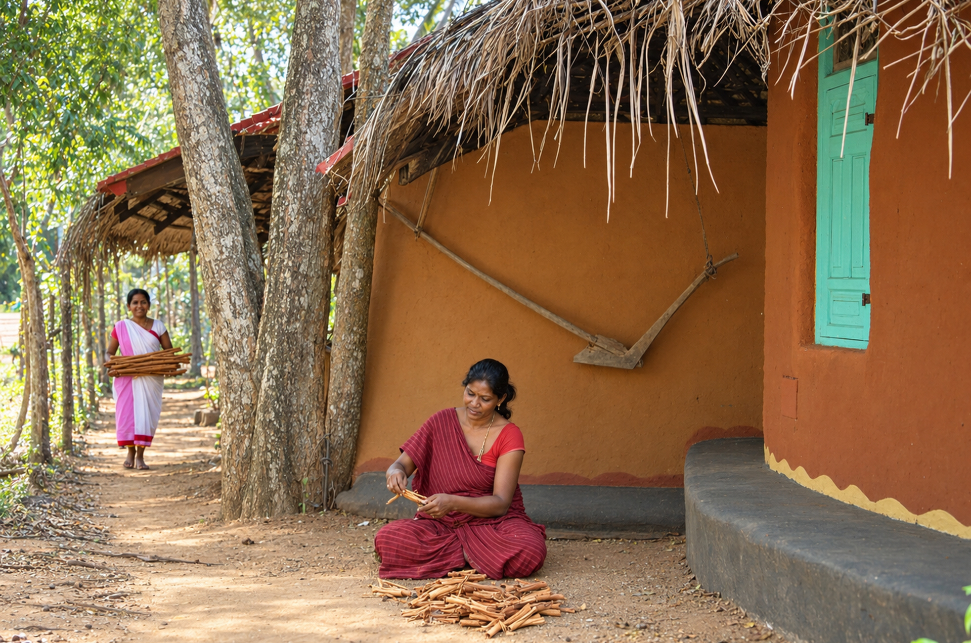 Eine Bauersfrau schält Zimtstangen in einem kleinen Dorf außerhalb von Ambalangoda auf Sri Lanka.